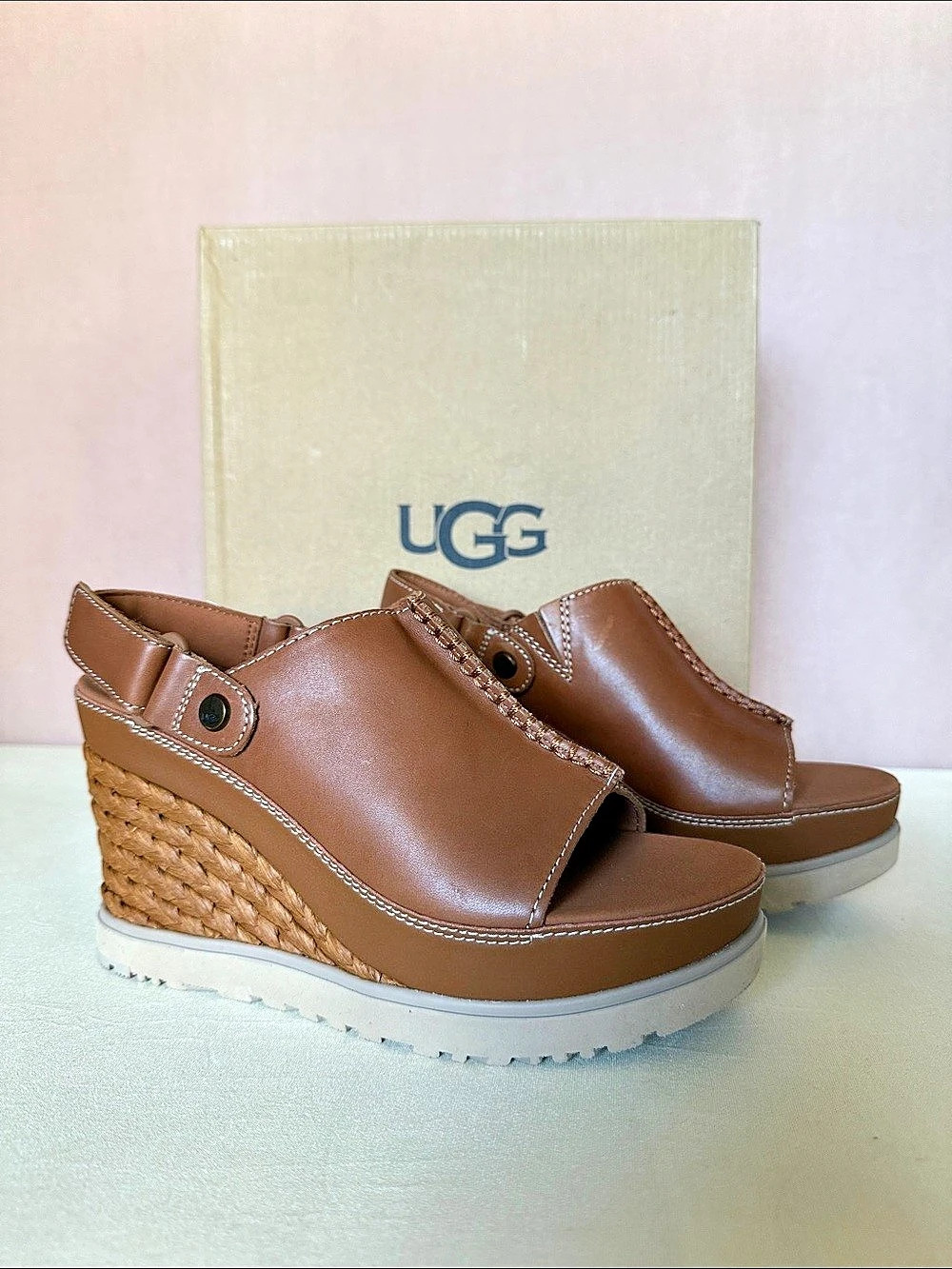 UGG Abbot Adjustable Slingback Raffia Wedge Sandals in Brown US 8